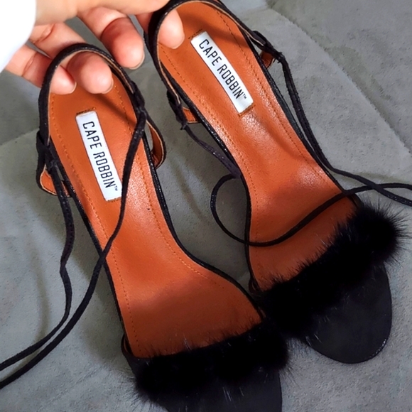 Pom Pom Black Suede Sandal Heels - Picture 6 of 8